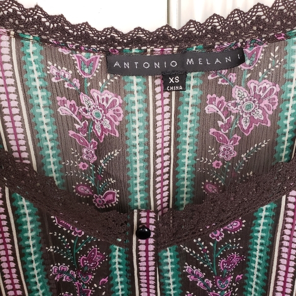 Antonio Melani Floral Striped Sheer Boho Peasant Lace Top XS - Picture 2 of 6